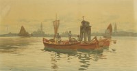 Lot 332 - Circle of Alberto Prosdocimi (1852-1955)
A GONDOLA ON THE VENETIAN LAGOON;
FISHERFOLK AT DUSK