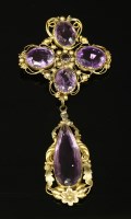 Lot 25 - A Regency gold cannetille amethyst brooch with a pendant drop below