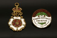 Lot 85 - Two enamel badges: the first a Suffrage badge 'National Union of Women's Suffrage Societies Constitutional non party' the other with crowned MR initials over a flower head.