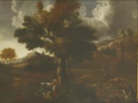 Lot 599 - Follower of Jean-Francisque Millet
A CLASSICAL LANDSCAPE WITH FIGURES AND CATTLE BY A STREAM IN THE FOREGROUND