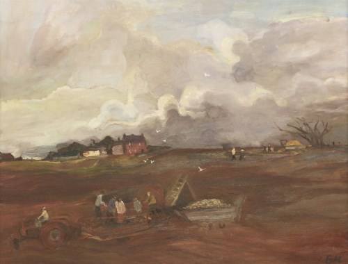 Lot 82 - Sheila Fell RA (1931-1979) 
'POTATO PICKING - CLOUDS'