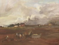 Lot 82 - Sheila Fell RA (1931-1979) 
'POTATO PICKING - CLOUDS'