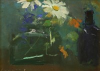 Lot 219 - Fred Cuming RA (b.1930)
STILL LIFE WITH BOTTLES AND FLOWERS
Signed l.l.