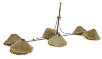 Lot 367 - A snooker ceiling light having six branches and green velour shades