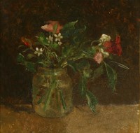 Lot 117 - Carolyn Sergeant (1937-2018)
'FLOWERS IN A JAM JAR' - STITCHWORT AND LUNGWORT
Signed with initials l.r.