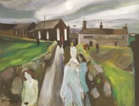 Lot 224 - Gill Watkiss (b.1938)
FIGURES OUTSIDE A CHURCH
Signed l.l.