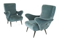 Lot 338 - A pair of Italian blue upholstered armchairs