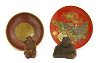 Lot 499 - Two Japanese wood netsuke and two lacquered dishes