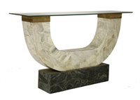 Lot 406 - A tasserea and brass 'V' shaped console
