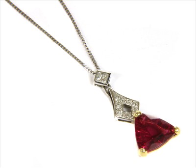 Lot 101 - An 18ct yellow and white gold rubellite tourmaline and diamond pendant