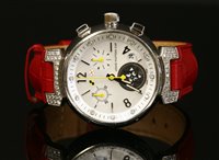 Lot 510 - A ladies' stainless steel Louis Vuitton diamond set tambour lovely cup quartz strap watch