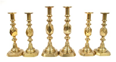 Lot 327 - Three pairs of brass candlesticks