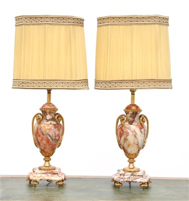 Lot 233 - A pair of rouge veined marble table lamps