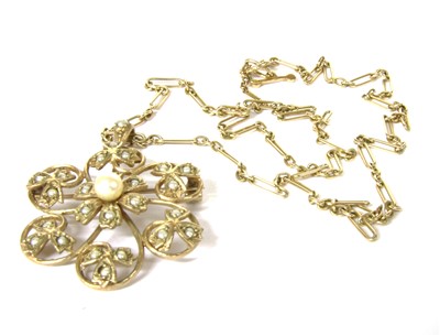 Lot 18 - A split pearl and 9ct gold flower head pendant on chain