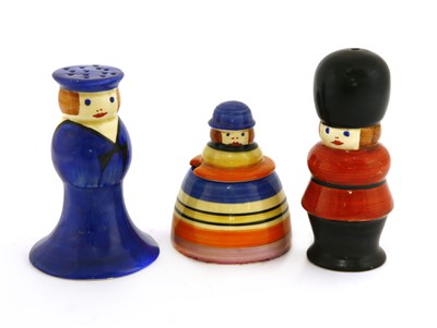 Lot 130 - A Clarice Cliff 'United Services' three-piece cruet set