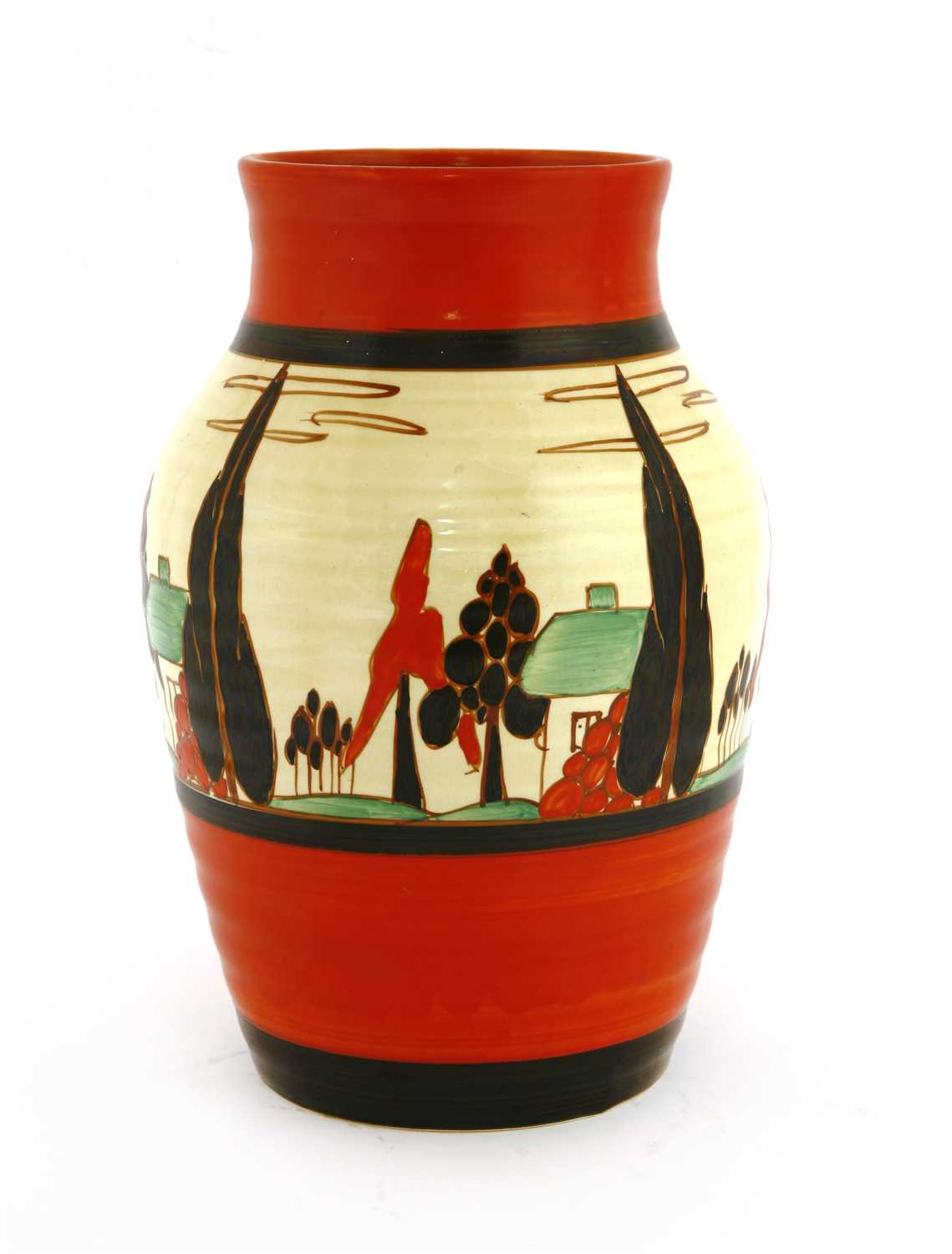 Lot 129 - A Clarice Cliff 'Red Trees and House' Isis vase