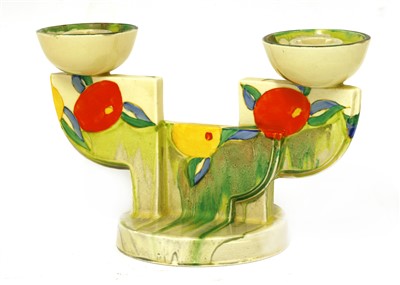 Lot 176 - A Clarice Cliff 'Delecia Citrus' twin-branch candlestick