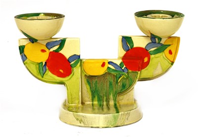 Lot 176 - A Clarice Cliff 'Delecia Citrus' twin-branch candlestick
