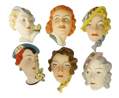 Lot 230 - Six Art Deco Czechoslovakian pottery wall masks