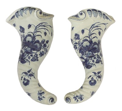 Lot 292 - A large pair of Worcester blue and white cornucopia wall pockets
