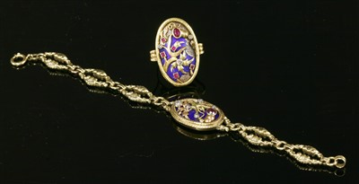 Lot 236 - A Continental two colour gold and platinum, synthetic ruby and diamond plaque ring and bracelet suite