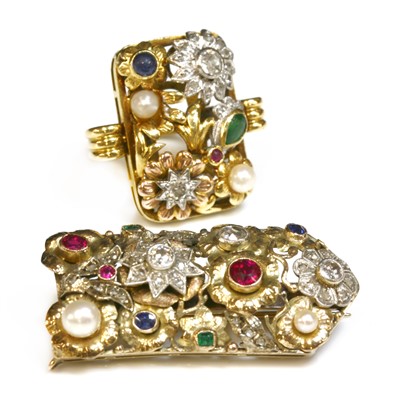 Lot 47 - A Continental gemstone, pearl and diamond brooch and ring suite, c.1940