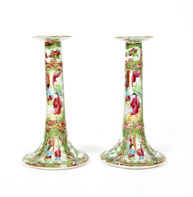 Lot 256B - A pair of Canton famille vert enamelled candlesticks
