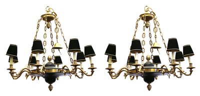 Lot 250 - A pair of Christopher Hyde 'Directoire' black and gilt eight branch electroliers