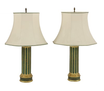 Lot 630 - A pair of painted wooden columnar table lamps and shades