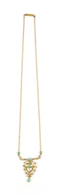 Lot 46 - An Edwardian gold cabochon turquoise and seed pearl necklace