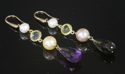 Lot 294 - A pair of Italian asymmetric gold quartz and cultured freshwater pearl drop earrings