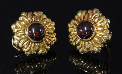 Lot 351 - A pair of Continental gold and garnet set earrings, c.1990