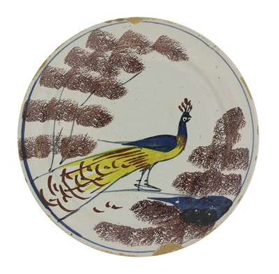 Lot 185 - A Bristol delft polychrome 'Farmyard' plate