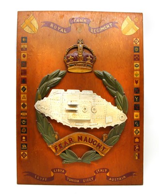 Lot 185 - A WWII 6th Royal Tank Regiment barracks wooden embroidered ‘fear naught’ plaque