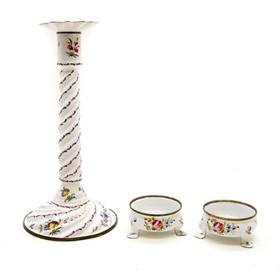 Lot 1342 - A Bilston or Battersea enamel candlestick