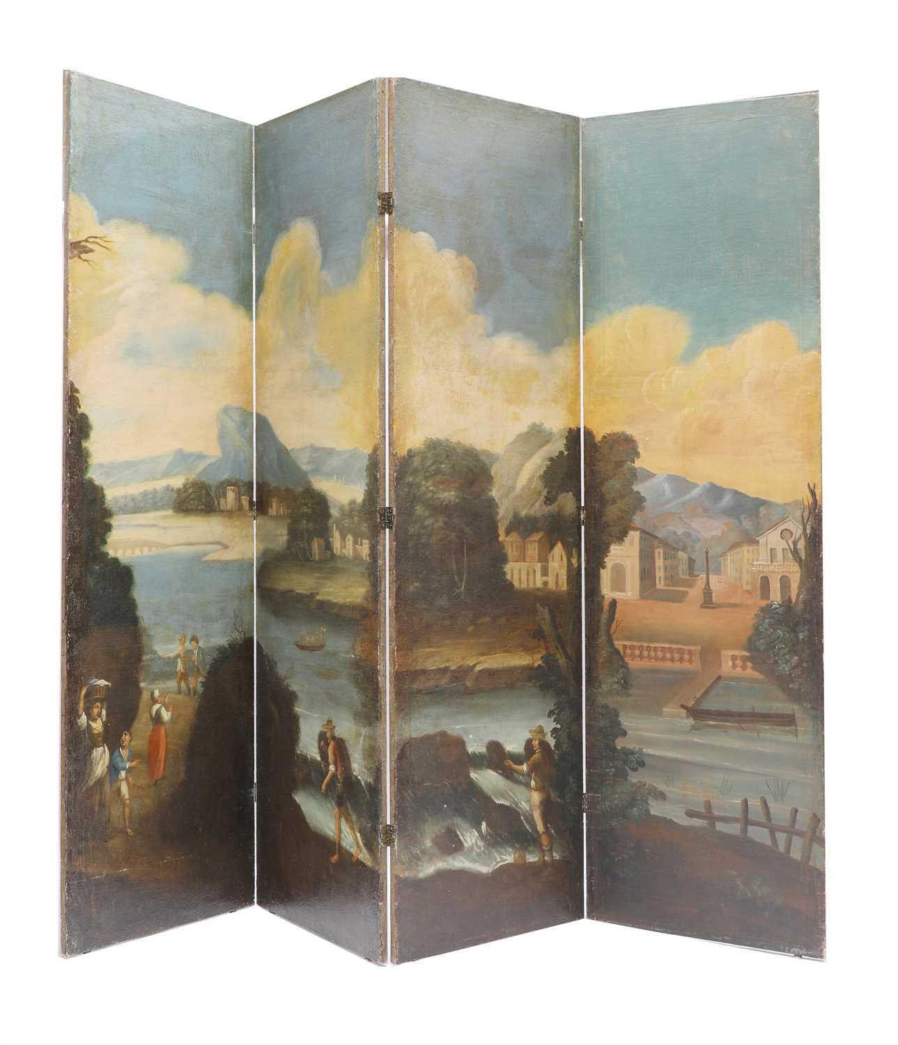 Lot 616 - A large painted four-fold screen