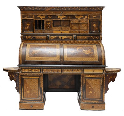 Lot 736 - A Japanese parquetry inlaid cylinder desk