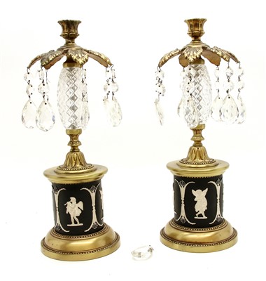 Lot 343 - A pair of gilt metal, cut glass and Jasperware candlesticks