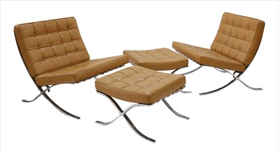 Lot 329 - A pair of chrome Barcelona chairs and footstools