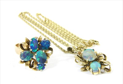 Lot 52 - A 14ct gold opal doublet set spray ring and pendant suite, c.1970