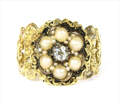 Lot 13 - A Georgian 18ct gold diamond and split pearl memorial ring