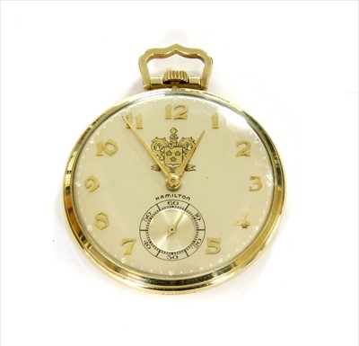Lot 136 - A rolled gold Hamilton top wind open-faced pocket watch
