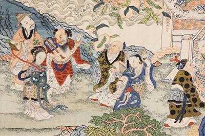 Lot 109 - A magnificent Chinese silk kesi 'Peach Festival' hanging scroll