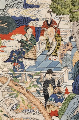 Lot 109 - A magnificent Chinese silk kesi 'Peach Festival' hanging scroll