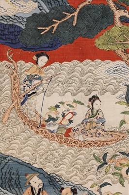 Lot 109 - A magnificent Chinese silk kesi 'Peach Festival' hanging scroll