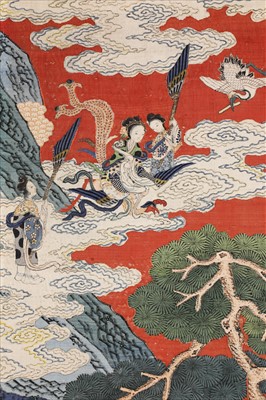 Lot 109 - A magnificent Chinese silk kesi 'Peach Festival' hanging scroll