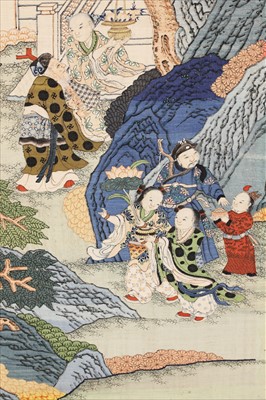 Lot 109 - A magnificent Chinese silk kesi 'Peach Festival' hanging scroll