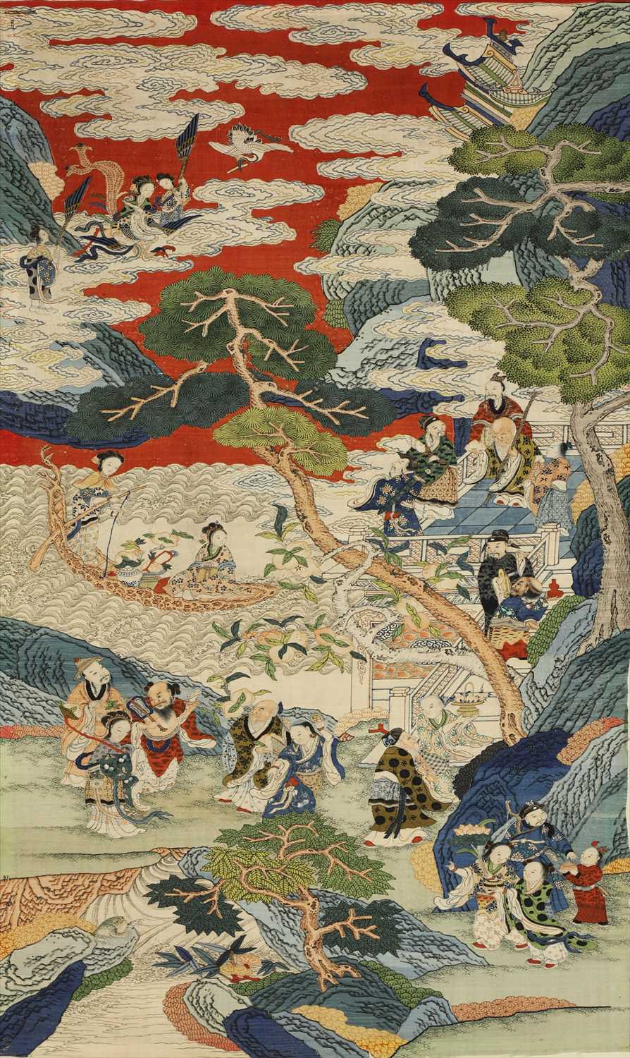 Lot 109 - A magnificent Chinese silk kesi 'Peach Festival' hanging scroll
