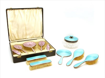 Lot 28 - Silver mounted and enamelled dressing table items