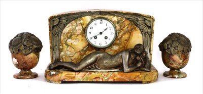 Lot 149 - An Art Deco spelter and marble clock garniture